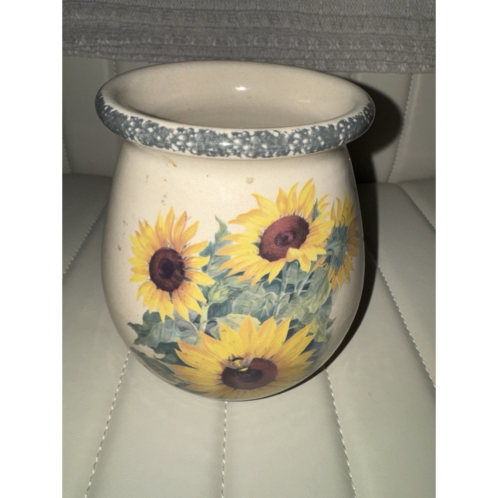 Stoneware Pottery Utensil Holder Jar Home And Garden Party Sunflowers With Bees